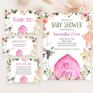 Editable Farm Girl Baby Shower Invitation Bundle, Greenery Floral Farm Baby Shower Invite Pack, Girl Floral Farm Animals, Pink Barn, BBS258