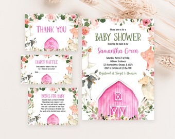 Op de afbeelding: Roze en groene baby shower uitnodiging met een roze schuur, bloemen en boerderijdieren. De uitnodiging luidt: "Kom gezellig langs voor een baby shower ter ere van de aanstaande moeder Samantha Green. Zaterdag 23 maart om 16:00 uur. Williams Residence 123 Hooray Drive, Chicago, IL 60176 RSVP naar Christine op 123.456.7890 Geregistreerd bij Target & Amazon"