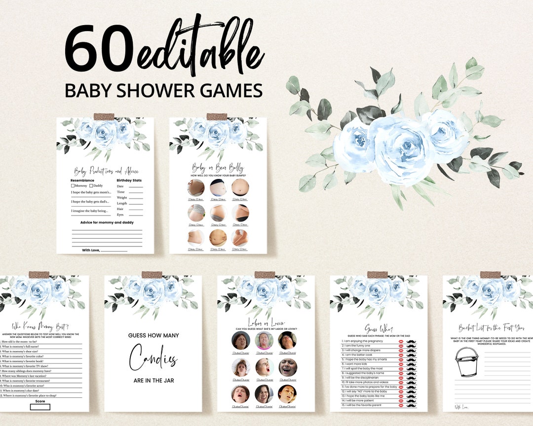 Editable It's a Boy Blue Floral Baby Shower Game Bundle, Boho Blue ...