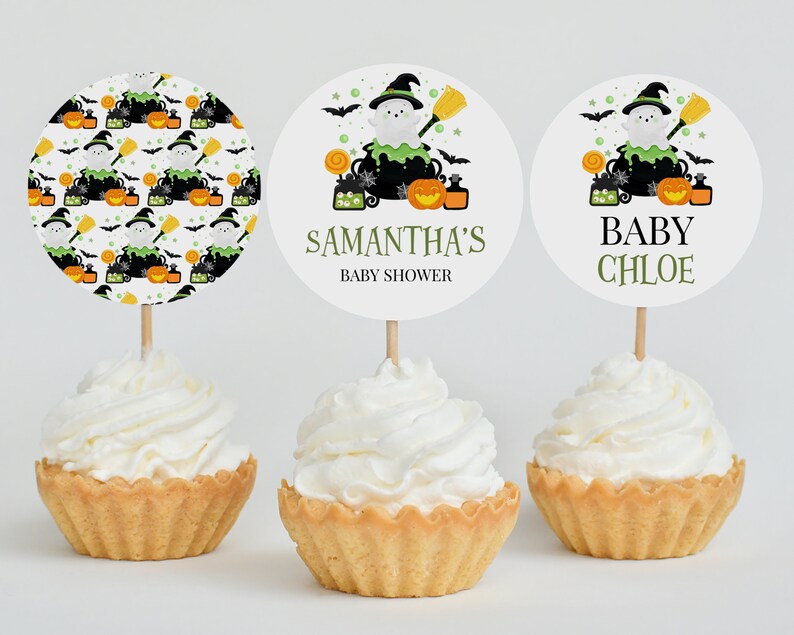Editable A Baby is Brewing Green Halloween Baby Shower Cupcake Topper, Little Boo Baby Shower Cake Topper, Neutral Baby Shower, BBS800 image 1