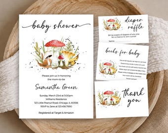 May include: A baby shower invitation set featuring watercolor mushroom illustrations. The main card includes text for Samantha Green, date, time, and location. Smaller cards include a diaper raffle, books for baby request, and a thank you note.