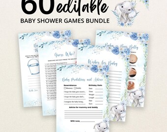 Editable Boy Elephant Baby Shower Game Bundle, Blue Elephant Baby Shower Game Pack, Floral Elephant Baby Shower Games, Little Peanut, BBS482