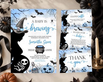 Bewerkbare blauwe uitnodigingsbundel voor een Halloween-babyshower met het thema "Een baby is op komst", uitnodiging voor een babyshower met skeletthema, Halloween-heksenbabyshower voor een jongen, BBS812
