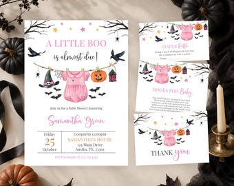 Editable Halloween Clothes Little Boo Baby Shower Invitation Bundle, Pink Boho Baby Shower Invite, Girl Spooky Clothes Line Invite, BBS912