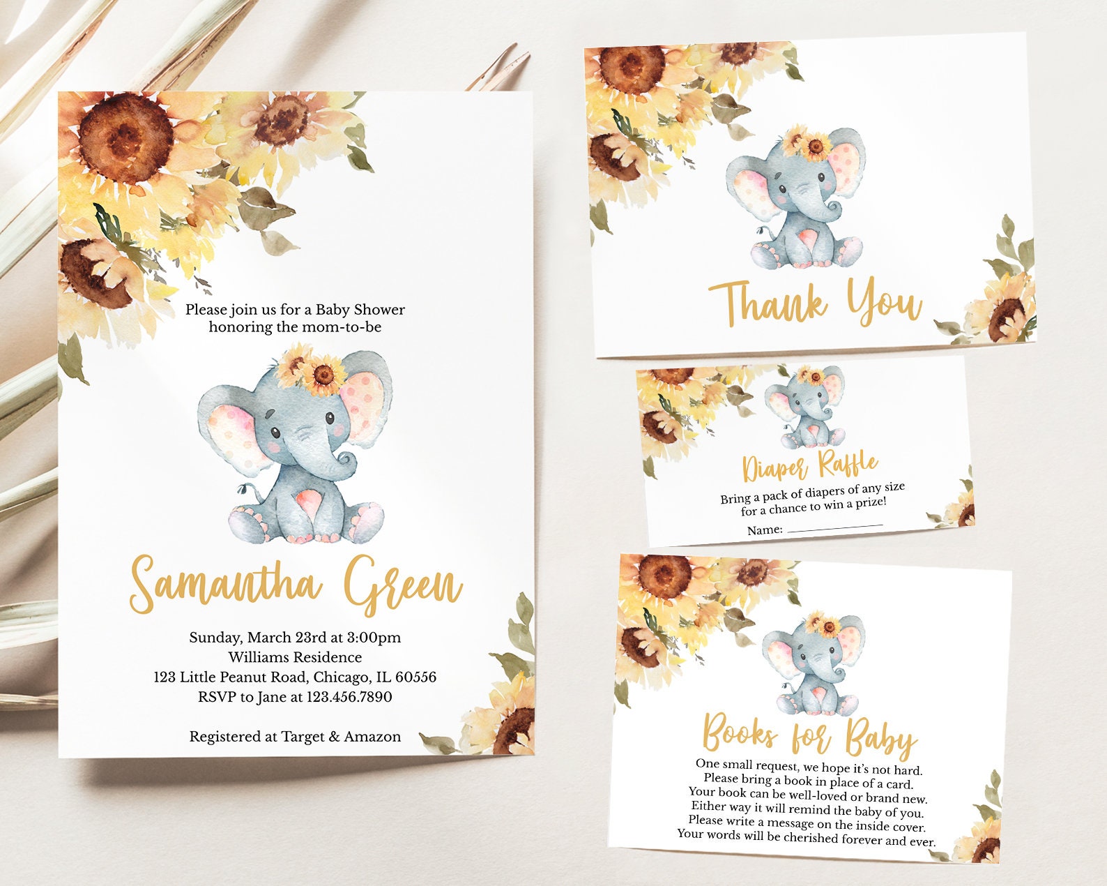 Editable Sunflower Elephant Baby Shower Invitation Bundle Girl Elephant Baby Shower Invite Floral Elephant Baby Shower Invite