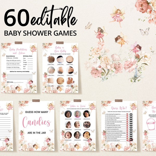 Editable Little Fairy Baby Shower Game Bundle, Wildflower Fairy Baby Shower Game Pack, Girl Pink Fairy Baby Shower Games, BBS632