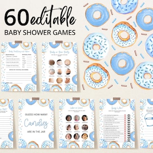 Bewerkbare blauwe donuts babyhagel spelbundel, jongensdonuts babyshower gamepakket, besprenkeld met liefdesdouche, donuts douchespellen, BBS969