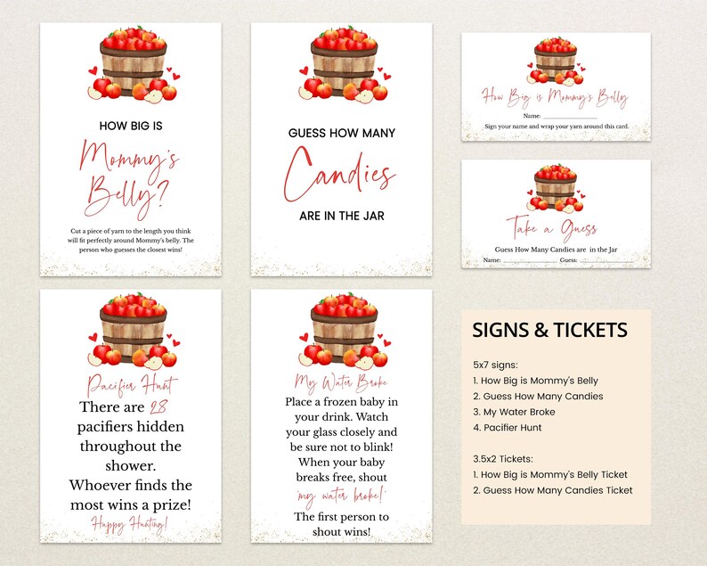 May include: Set of baby shower game signs and tickets. The signs feature watercolor illustrations of a wooden basket overflowing with red apples. Games include "How Big is Mommy's Belly?" and "Guess How Many Candies."