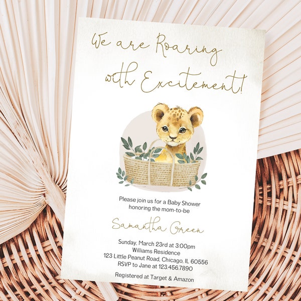 Editable Boho Lion Cub Baby Shower Invitation, Baby Lion Baby Shower Invite Pack, Roaring with Excitement Baby Shower Invite, BBS724