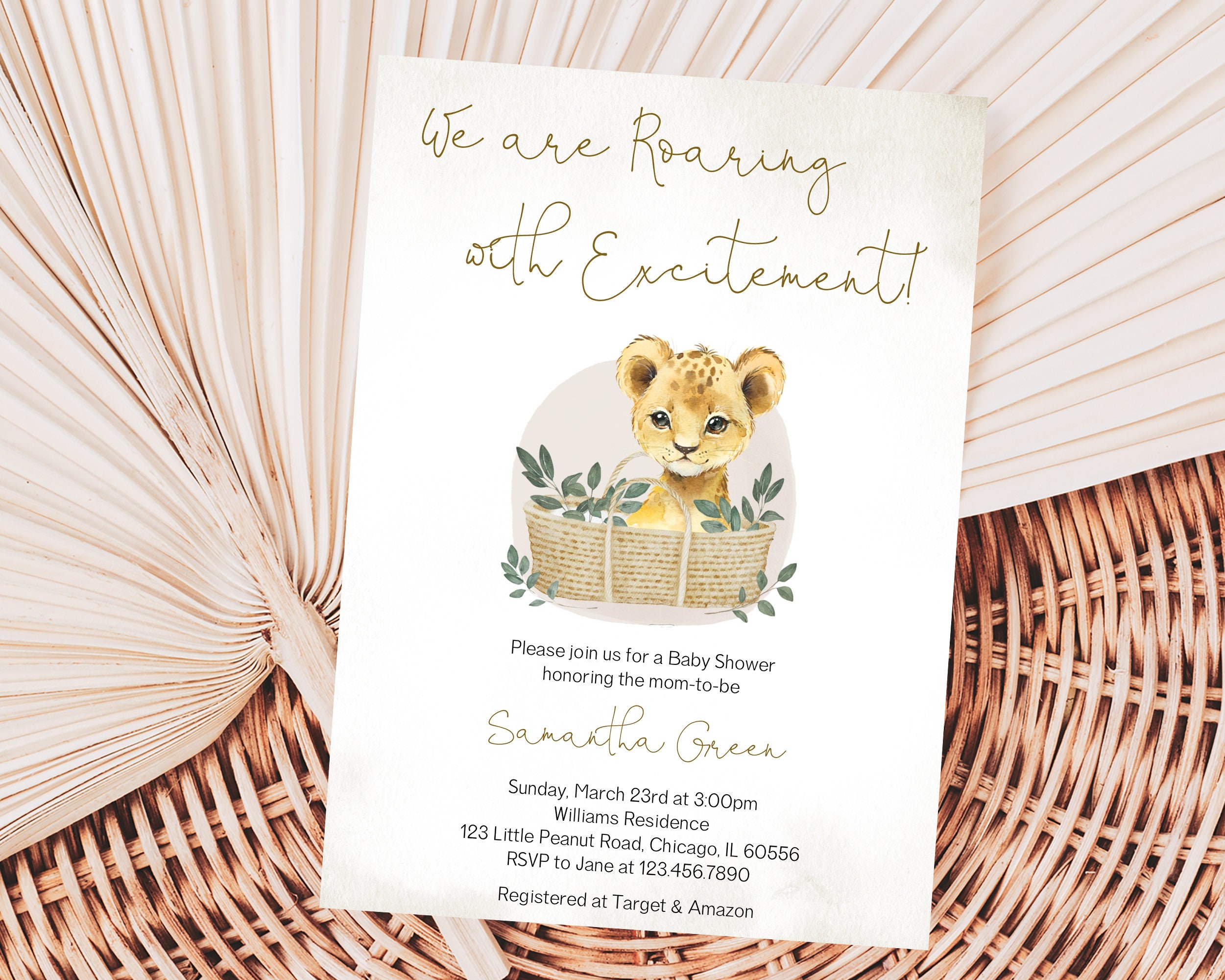 Editable Boho Lion Cub Baby Shower Invitation, Baby Lion Baby Shower Invite Pack, Roaring with Excitement Baby Shower Invite, BBS724