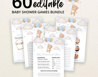 Peut inclure: Un lot de 60 cartes de jeux de fête prénatale modifiables avec des illustrations à l'aquarelle d'un ours en peluche tenant des ballons bleus et beiges parmi des nuages et des étoiles. Les cartes incluent du texte pour des prédictions.