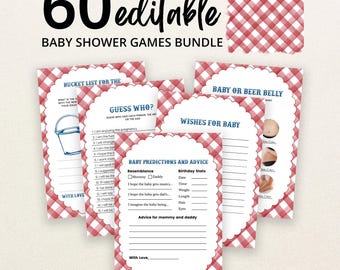 May include: A collection of printable baby shower game cards featuring a red and white gingham pattern border. The cards include titles such as Bucket List for the Baby, Guess Who, Wishes for Baby, and Baby Predictions and Advice with text.