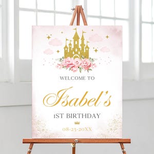 Placa de boas-vindas editável Once Upon a Time Princess 1st Birthday, pôster floral de aniversário da princesa, aniversário do castelo mágico da princesa real, BRT261