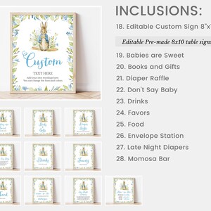 Op de afbeelding: Een set van 10 printbare borden met illustraties van Peter Rabbit. De borden zijn voor een babyshower en bevatten titels zoals "Baby's zijn zoet", "Boeken en cadeaus", "Luierspel", "Zeg niet baby", "Drankjes", "Favorieten", "Eten", "Enveloppost", "Luiers voor de nacht", en "Mimosa bar".