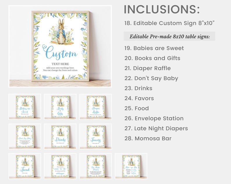 Op de afbeelding: Een set van 10 printbare borden met illustraties van Peter Rabbit. De borden zijn voor een babyshower en bevatten titels zoals "Baby's zijn zoet", "Boeken en cadeaus", "Luierspel", "Zeg niet baby", "Drankjes", "Favorieten", "Eten", "Enveloppost", "Luiers voor de nacht", en "Mimosa bar".