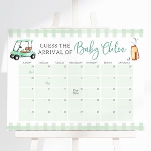 Editable Golf Baby Shower Guess Baby&#39;s Arrival, Let&#39;s Par-Tee Shower Due Date Calendar, Tee Time Gender Neutral Golf Shower Decor, BBS470