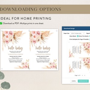 K&ouml;nnte beinhalten: Druckbare PDF-Vorlage f&uuml;r eine Babyparty-Einladung. Das Design zeigt einen hellbraunen Hintergrund mit einem Blumenarrangement aus rosa Rosen und getrocknetem Pampasgras. Der Text "hello baby" ist in einer Schreibschrift mit dem Namen "Samantha Green" und dem Datum "March 20th" darunter geschrieben. Die Einladung enth&auml;lt die Uhrzeit, die Adresse und die RSVP-Informationen.