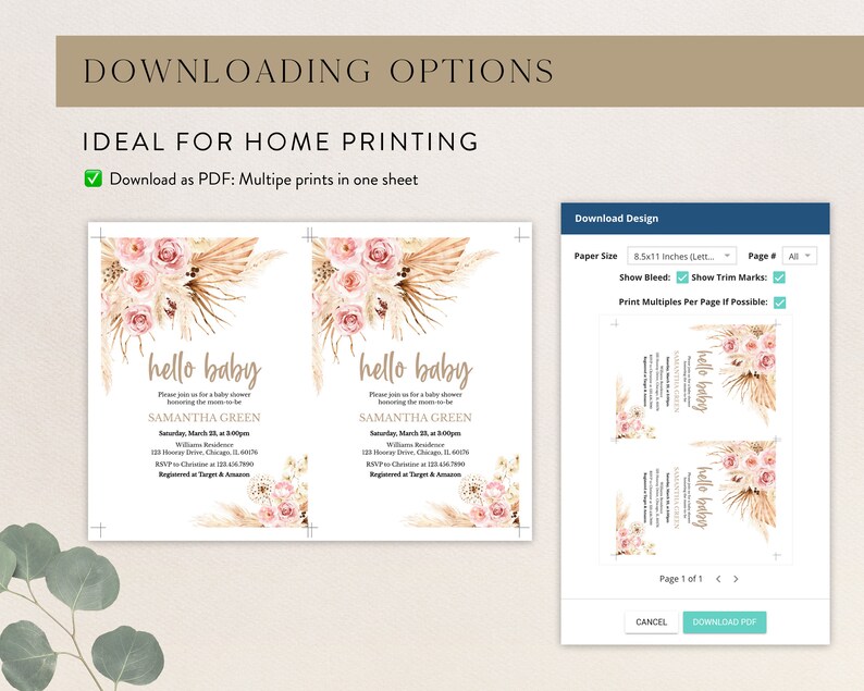 K&ouml;nnte beinhalten: Druckbare PDF-Vorlage f&uuml;r eine Babyparty-Einladung. Das Design zeigt einen hellbraunen Hintergrund mit einem Blumenarrangement aus rosa Rosen und getrocknetem Pampasgras. Der Text "hello baby" ist in einer Schreibschrift mit dem Namen "Samantha Green" und dem Datum "March 20th" darunter geschrieben. Die Einladung enth&auml;lt die Uhrzeit, die Adresse und die RSVP-Informationen.