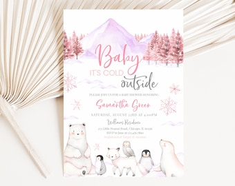 Convite editável para chá de bebê rosa It's Cold Outside, convite para chá de bebê de inverno Arctic Animals, chá de bebê feminino Arctic, BBS553