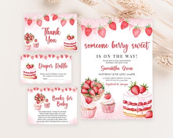 May include: A pink and white baby shower invitation with a strawberry theme. The invitation says "someone berry sweet is on the way!" and includes the name Samantha Green. The invitation also includes the date and time of the shower, as well as the address and RSVP information. The invitation is decorated with strawberries, cupcakes, and a cake.