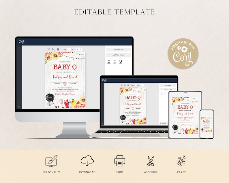 May include: Editable template for a baby shower invitation with a barbecue theme. The invitation features a rustic wooden background with sunflowers, red and white checkered fabric, and a grill with barbecue tools. The text on the invitation reads "Baby-Q" and includes the names "Kelsey and David".