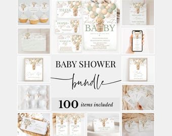 Editable Bear Green Hot Air Balloon Baby Shower Bundle, We Can Bearly Wait Invitation Pack, Gender Neutral Bear Shower Games Package, BBS461