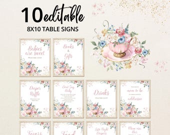 May include: Ten 8x10 inch printable table signs with floral designs and text. The signs include: "Babies are sweet", "Books & Gifts", "Diaper Raffle", "Don't Say Baby", "Drinks", "Mom to be Addressee", "Favors", "Food", "Late Night Diapers", and "Mom's Bar".