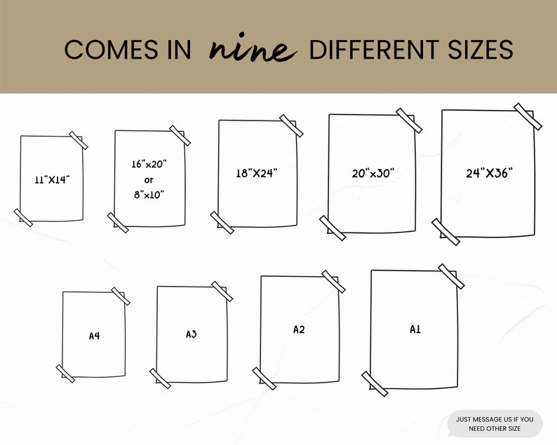 May include: A chart showing nine different sizes of prints available, including 11"x14", 16"x20", 18"x24", 20"x30", 24"x36", A4, A3, A2, and A1. The text "COMES IN nine DIFFERENT SIZES" is at the top of the chart.