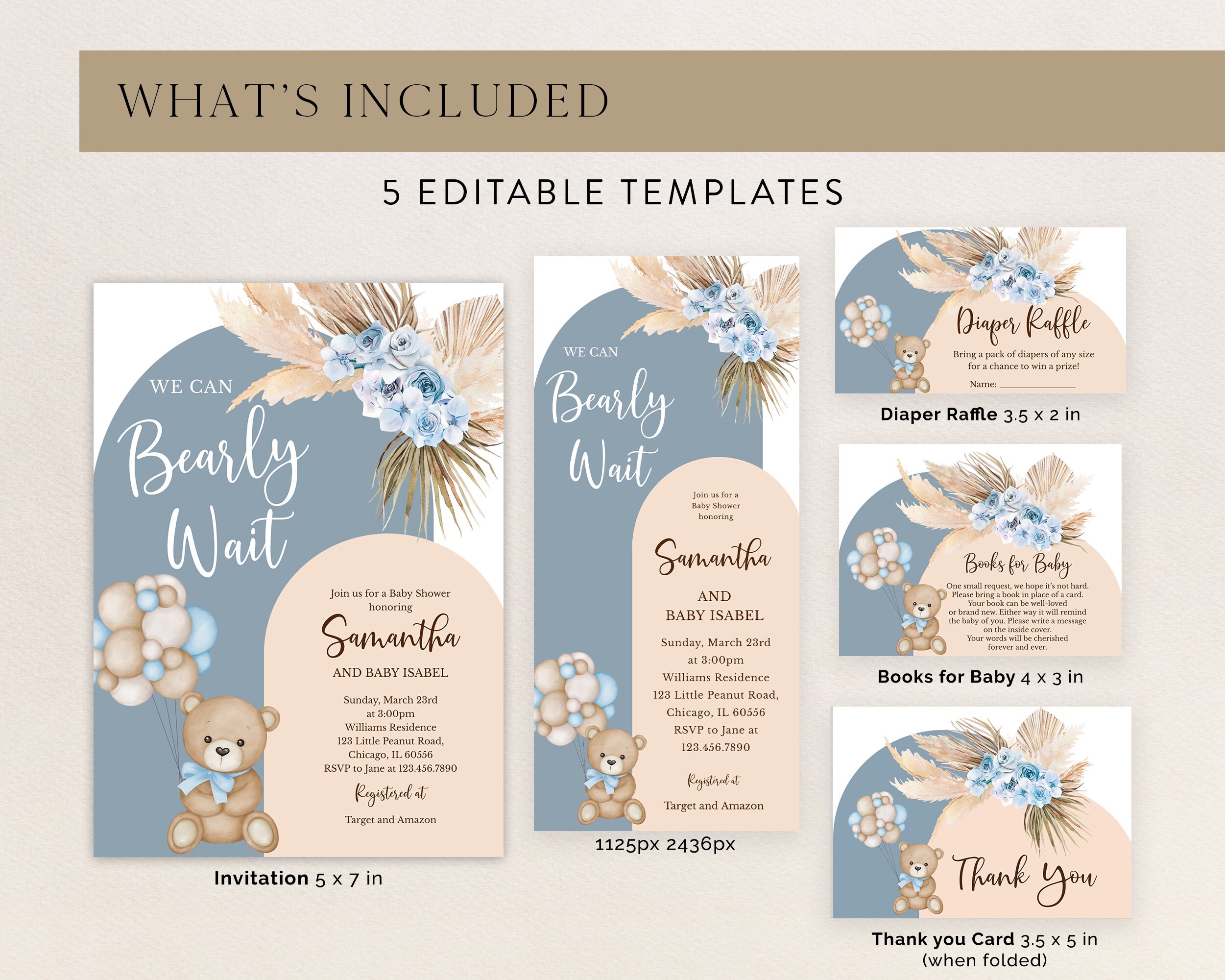 Editable We Can Bearly Wait Baby Shower Invitation Bundle, Balloon Bear ...