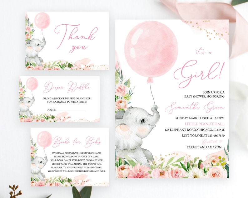 Editable Pink Floral Girl Elephant Baby Shower Invitation - Etsy