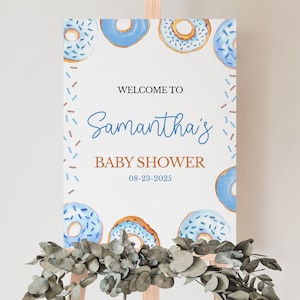 Bearbeitbares blaues Donuts Baby Sprinkle Willkommensschild, Junge Donuts Babyparty Poster, besprüht mit Liebesdusche, Donuts Dusche Dekor, BBS969