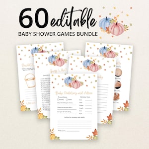 May include: A bundle of 60 editable baby shower game cards featuring watercolour illustrations of blue and pink pumpkins with autumn leaves. The cards include text for games like Guess Who and Baby Predictions and Advice with blank lines for writing.