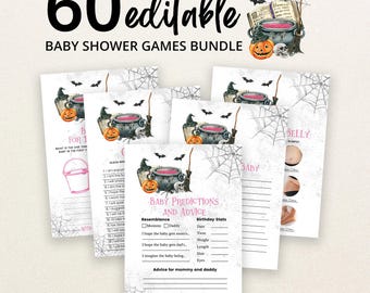 Editable A Baby is Brewing Halloween Baby Shower Game Bundle, Girl Pink Halloween Baby Shower Game Pack, Pink Witch Baby Shower Games,BBS419