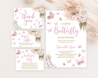 Editable Boho Butterfly Baby Shower Invitation Bundle, A Little Butterfly Baby Shower Invite Pack,Pink Butterfly Floral Pampas Grass, BBS625