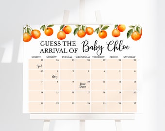 May include: A printable baby shower game with an orange and green floral design. The game is a calendar with the text "Guess the Arrival of Baby Chloe" and a due date marked on the calendar.