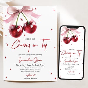 Redigerbar "She's the Cherry on Top" babyshowerinbjudan, rosett körsbärsduschinbjudan, kokett körsbärsrosa rosettduschinbjudan, BBS1017