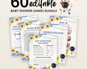 Peut inclure: Un lot de 60 cartes de jeux de baby shower modifiables avec un fond en bois blanc rustique, des accents vichy bleus et des tournesols à l'aquarelle. Les cartes incluent des titres comme Baby Predictions and Advice, Guess Who et Wishes for Baby.
