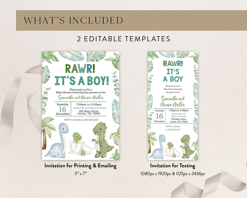 K&ouml;nnte beinhalten: Zwei Babyparty-Einladungsvorlagen mit Dinosaurier-Motiv. Eine ist 12,7 cm x 17,8 cm gro&szlig; zum Drucken und E-Mailen, die andere ist zum Versenden per SMS. Beide zeigen gr&uuml;nes Laub, Dinosaurier und den Text "RAWR! IT'S A BOY!" mit Veranstaltungsdetails.