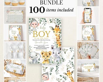Editable Wild One Boy Baby Shower Bundle, Safari Jungle Baby Shower Invitation Pack, Greenery Safari Animals Shower Game Package, BBS864