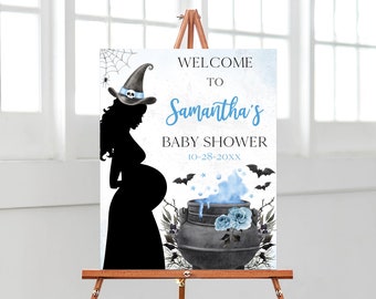 Editable A Baby is Brewing Blue Halloween Baby Shower Welcome Sign, Boy Halloween Baby Shower Welcome Poster, Witch Shower Decoration,BBS430