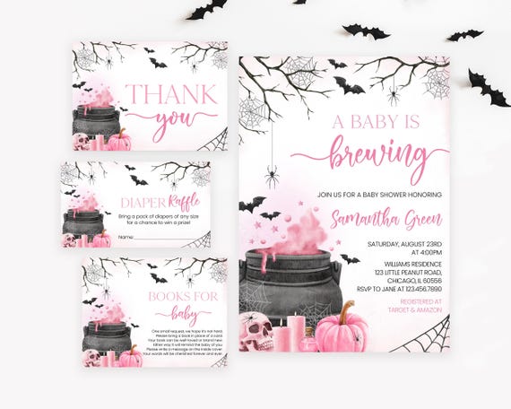 Editable Pink Girl A Baby is Brewing Halloween Baby Shower Invitation Bundle, Cauldron Baby Shower Invite, Spooky Baby Shower, BBS770