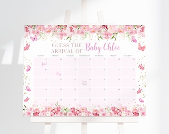 May include: Pink floral baby shower game with a calendar for guests to guess the arrival date of Baby Chloe. The calendar has the months of April and May with the days of the week labeled. The due date is circled on the calendar.