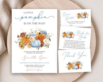 May include: A baby shower invitation set featuring a white background with blue and orange pumpkin illustrations and floral accents. The text reads A LITTLE pumpkin IS ON THE WAY, Diaper Raffle, Books for Baby, and Thank You with event details.