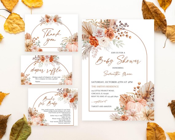 Editable Girl Boho Pumpkin Baby Shower Invitation Bundle, Pink Rustic Pumpkin Baby Shower Invite, Pampas Grass Pumpkin Shower Invite, BBS892