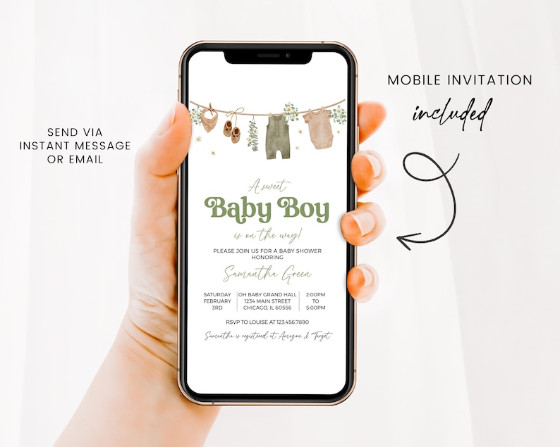 May include: A mobile invitation for a baby shower, displayed on a smartphone. The invitation features a green and beige color scheme with the text "A sweet Baby Boy is on the way!" and includes details for the event. Decorative elements include baby clothes.