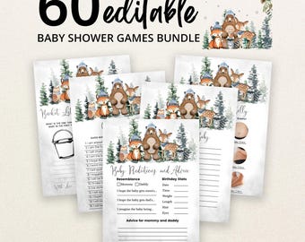 May include: A bundle of 60 editable baby shower game cards featuring watercolour illustrations of woodland animals including a bear, fox, and deer in a forest setting. The cards include text such as Baby Predictions and Advice and Bucket List.