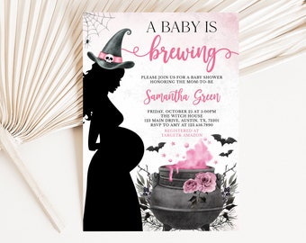 May include: A baby shower invitation with a Halloween theme. The invitation features a silhouette of a pregnant woman wearing a witch hat. The text reads "A Baby is Brewing" and includes event details and the name "Samantha Green".