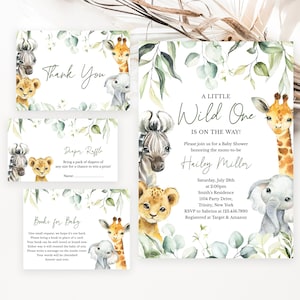 Lot d'invitations modifiable A Little Wild One pour baby shower, Pack d'invitations pour baby shower Safari Jungle, verdure pour baby shower animaux de safari, BBS340