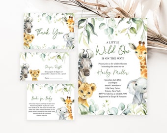 Editable A Little Wild One Baby Shower Invitation Bundle, Safari Jungle Baby Shower Invite Pack, Greenery Safari Animals Baby Shower, BBS340