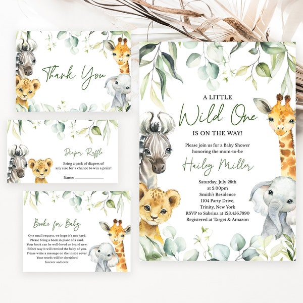 Lot d'invitations modifiable A Little Wild One pour baby shower, Pack d'invitations pour baby shower Safari Jungle, verdure pour baby shower animaux de safari, BBS340